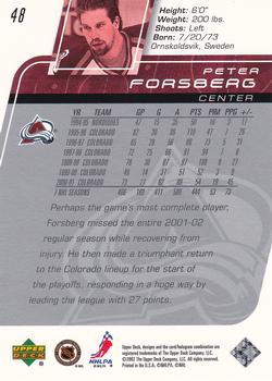 2002-03 Upper Deck #48 Peter Forsberg Back