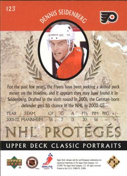 2002-03 Upper Deck Classic Portraits #123 Dennis Seidenberg Back