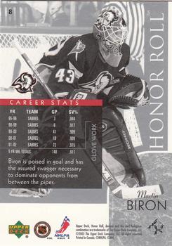 2002-03 Upper Deck Honor Roll #8 Martin Biron Back