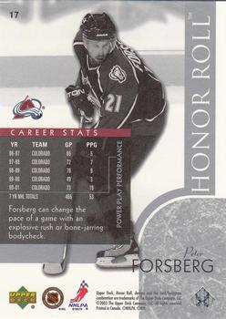 2002-03 Upper Deck Honor Roll #17 Peter Forsberg Back