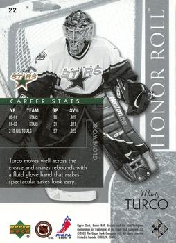2002-03 Upper Deck Honor Roll #22 Marty Turco Back