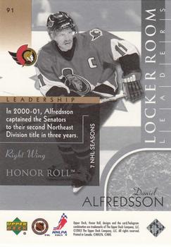 2002-03 Upper Deck Honor Roll #91 Daniel Alfredsson Back