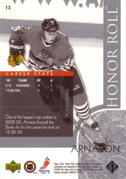 2002-03 Upper Deck Honor Roll #13 Tyler Arnason Back