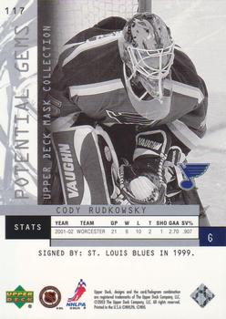 2002-03 Upper Deck Mask Collection #117 Cody Rudkowsky Back