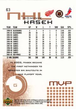 2002-03 Upper Deck MVP #63 Dominik Hasek Back