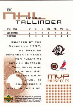 2002-03 Upper Deck MVP #196 Henrik Tallinder Back