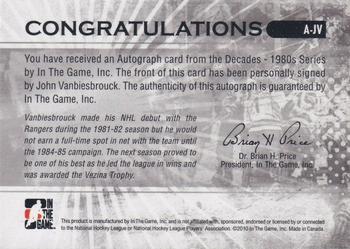 2010-11 In The Game Decades 1980s #A-JV John Vanbiesbrouck Back
