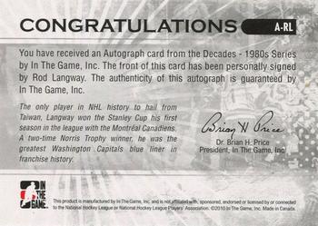 2010-11 In The Game Decades 1980s #A-RL Rod Langway Back