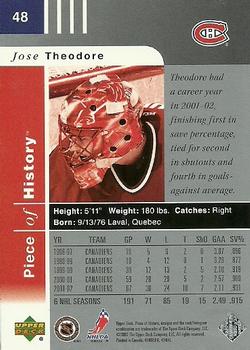 2002-03 Upper Deck Piece of History #48 Jose Theodore Back