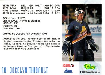 1993 Classic '93 Hockey Draft #10 Jocelyn Thibault Back