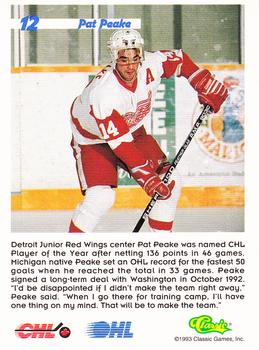 1993 Classic '93 Hockey Draft #12 Pat Peake Back