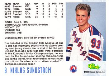 1993 Classic '93 Hockey Draft #8 Niklas Sundstrom Back