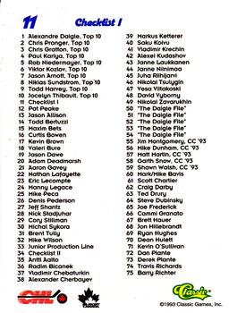 1993 Classic '93 Hockey Draft #11 Checklist I Back