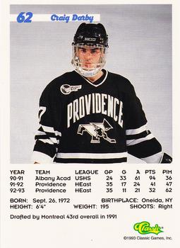 1993 Classic '93 Hockey Draft #62 Craig Darby Back