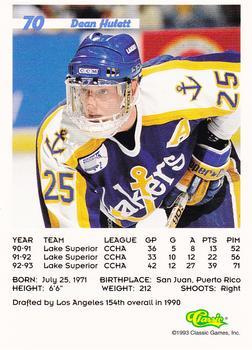 1993 Classic '93 Hockey Draft #70 Dean Hulett Back