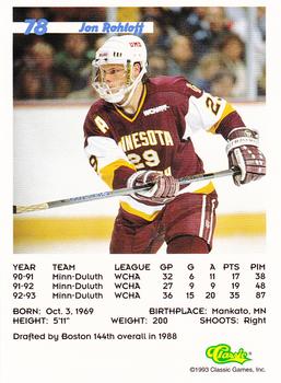 1993 Classic '93 Hockey Draft #78 Jon Rohloff Back