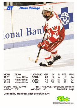 1993 Classic '93 Hockey Draft #81 Brian Savage Back