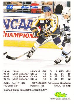 1993 Classic '93 Hockey Draft #82 Mike Smith Back