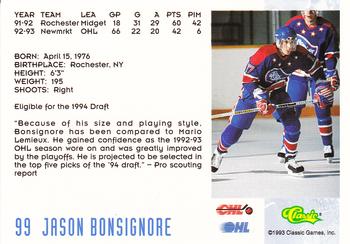 1993 Classic '93 Hockey Draft #99 Jason Bonsignore Back