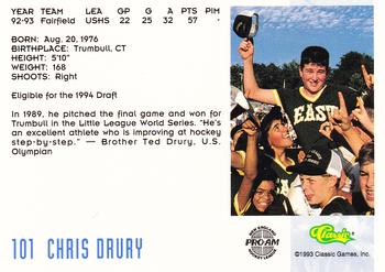 1993 Classic '93 Hockey Draft #101 Chris Drury Back