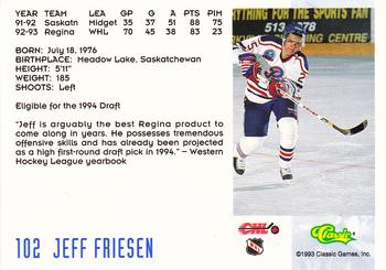 1993 Classic '93 Hockey Draft #102 Jeff Friesen Back