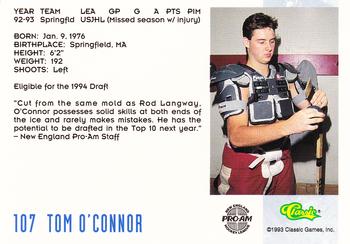 1993 Classic '93 Hockey Draft #107 Tom O'Connor Back