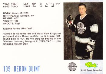 1993 Classic '93 Hockey Draft #109 Deron Quint Back
