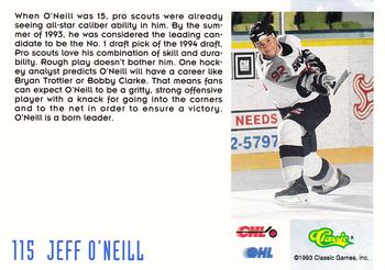 1993 Classic '93 Hockey Draft #115 Jeff O'Neill Back