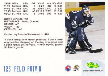 1993 Classic '93 Hockey Draft #123 Felix Potvin Back