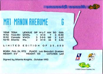 1993 Classic '93 Hockey Draft #MR1 Manon Rheaume Back