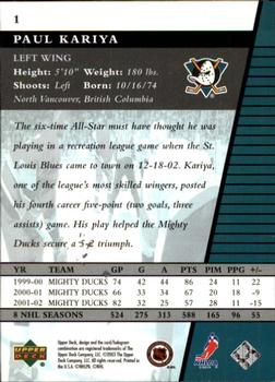 2002-03 Upper Deck Rookie Update #1 Paul Kariya Back