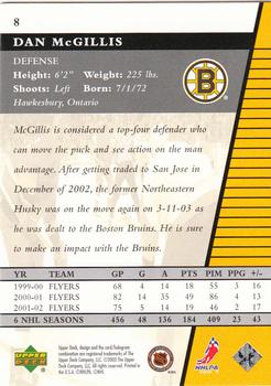 2002-03 Upper Deck Rookie Update #8 Dan McGillis Back