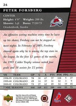 2002-03 Upper Deck Rookie Update #26 Peter Forsberg Back