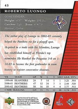 2002-03 Upper Deck Rookie Update #45 Roberto Luongo Back