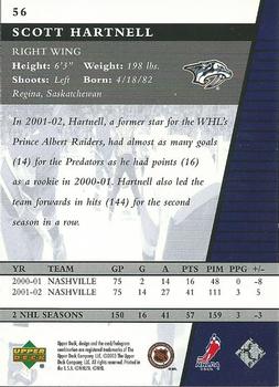2002-03 Upper Deck Rookie Update #56 Scott Hartnell Back