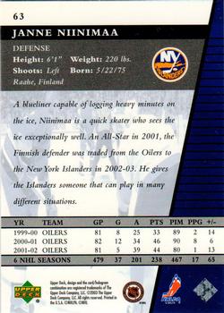 2002-03 Upper Deck Rookie Update #63 Janne Niinimaa Back