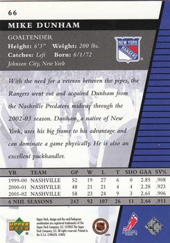 2002-03 Upper Deck Rookie Update #66 Mike Dunham Back