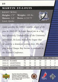 2002-03 Upper Deck Rookie Update #89 Martin St. Louis Back