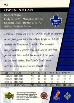 2002-03 Upper Deck Rookie Update #93 Owen Nolan Back