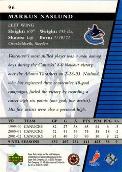 2002-03 Upper Deck Rookie Update #96 Markus Naslund Back