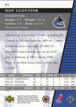 2002-03 Upper Deck Rookie Update #97 Dan Cloutier Back