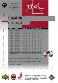 2002-03 Upper Deck Top Shelf #22 Joe Sakic Back