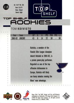 2002-03 Upper Deck Top Shelf #118 Tom Koivisto Back