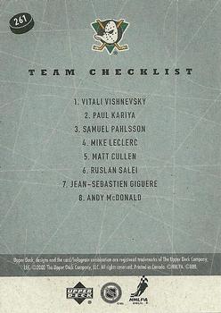 2002-03 Upper Deck Vintage #261 Mighty Ducks Team Checklist Back