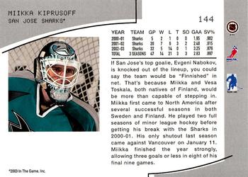 2003-04 Be a Player Memorabilia #144 Miikka Kiprusoff Back