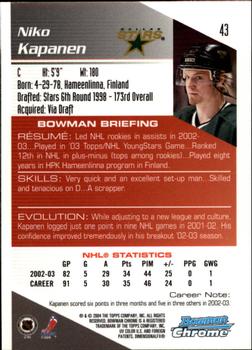 2003-04 Bowman Draft Picks and Prospects - Chrome #43 Niko Kapanen Back