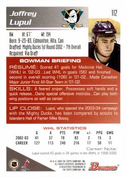 2003-04 Bowman Draft Picks and Prospects #112 Joffrey Lupul Back