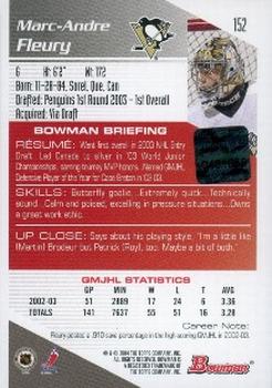 2003-04 Bowman Draft Picks and Prospects #152 Marc-Andre Fleury Back