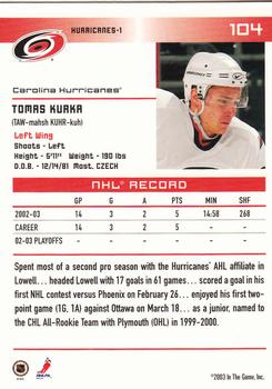 2003-04 In The Game Action #104 Tomas Kurka Back