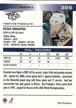 2003-04 In The Game Action #325 Denis Arkhipov Back